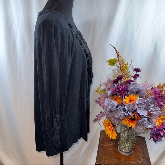 Lucky Brand 1X Black Henley Top Velvet Burnout Geo Boho Long Sleeve - Picture 5 of 8